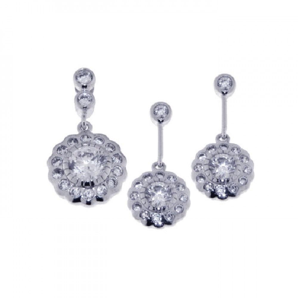 Silver 925 Rhodium Plated Flower CZ Dangling Earring and Necklace Set - STS00222