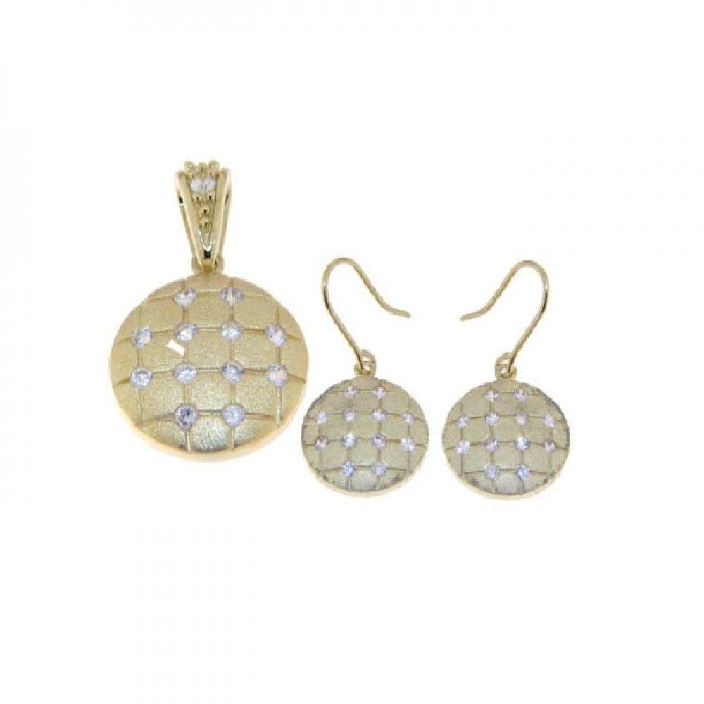 Silver 925 Rhodium Plated Round Mosaic CZ Dangling Hook Earring and Necklace Set - STS00230