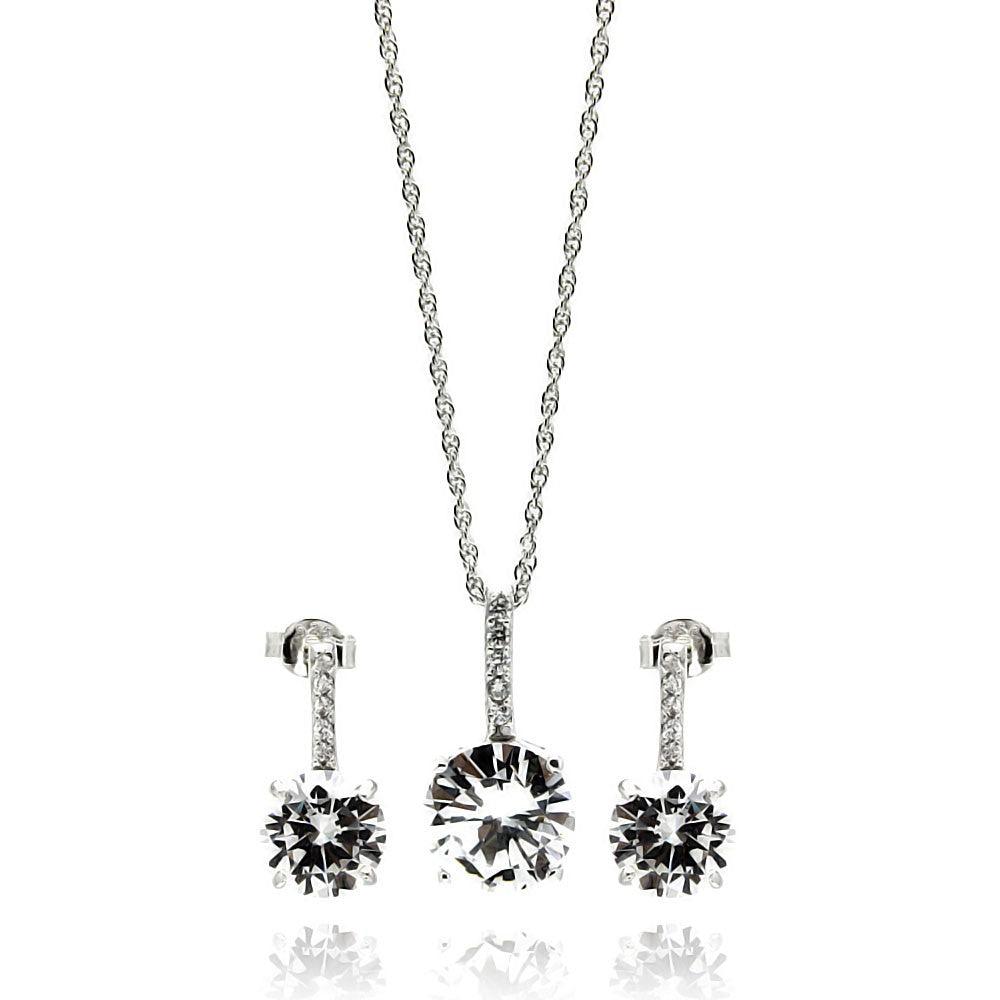 Silver 925 Rhodium Plated Round CZ Dangling Earring and Necklace Set - STS00233