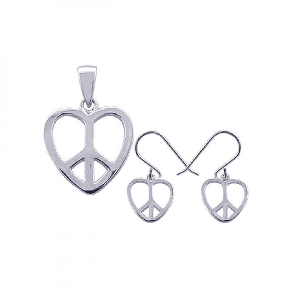 Silver 925 Rhodium Plated Open Heart Peace Sign CZ Dangling Hook Earring and Necklace Set - STS00237