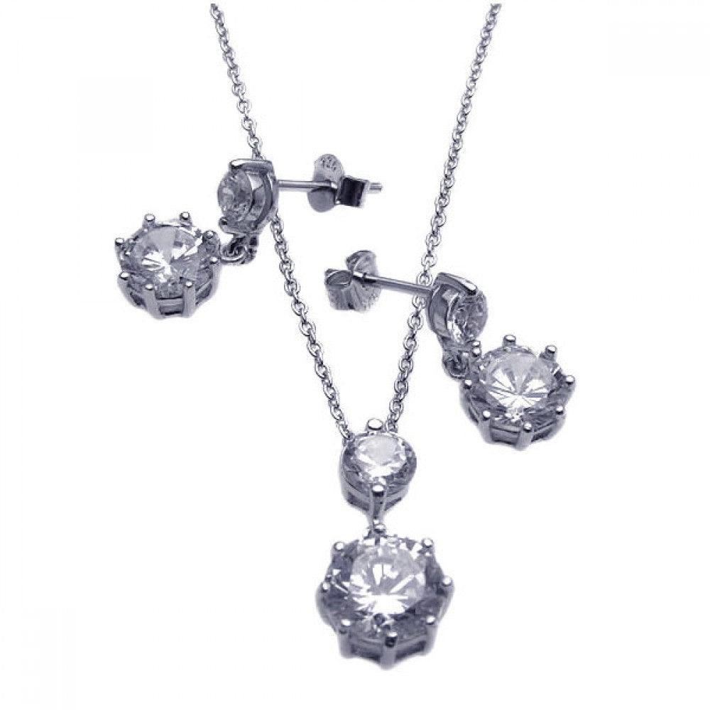 Silver 925 Rhodium Plated Round CZ Dangling Earring and Necklace Set - STS00239