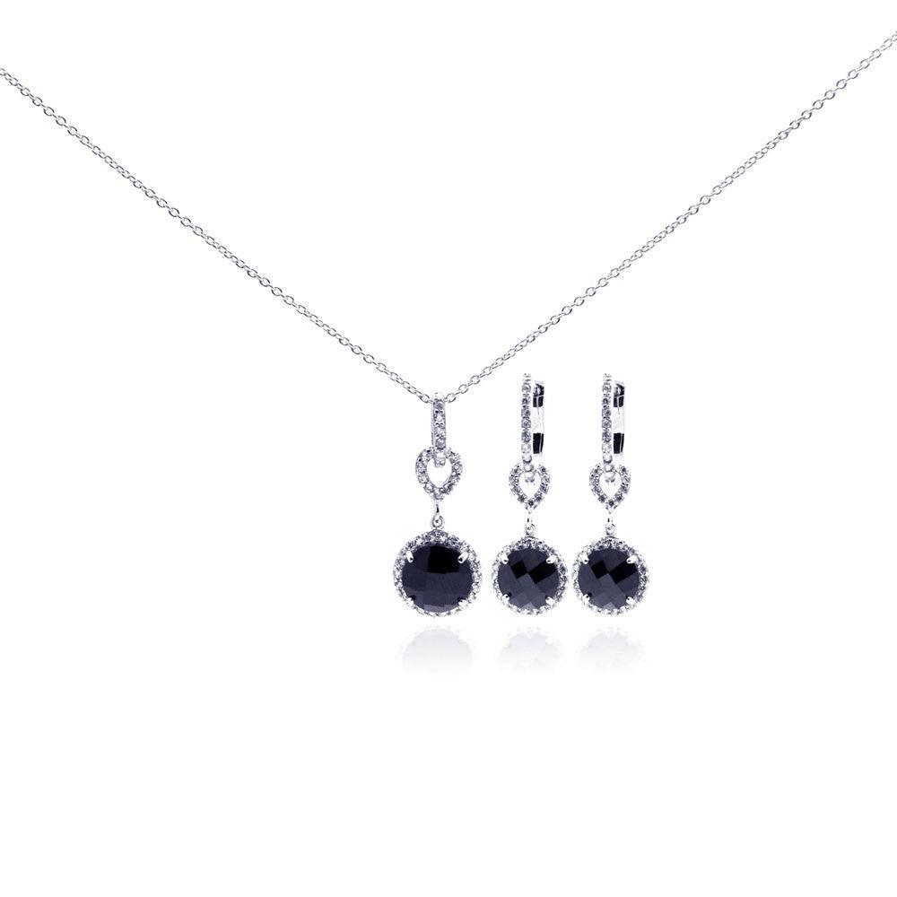 Silver 925 Rhodium Plated Round CZ Dangling Lever Back Earring and Necklace Set - STS00242