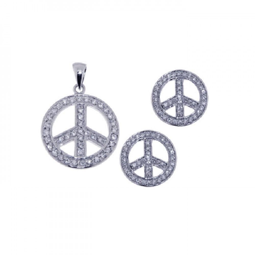 Silver 925 Rhodium Plated Open Circle Peace Sign CZ Earring and Necklace Set - STS00249