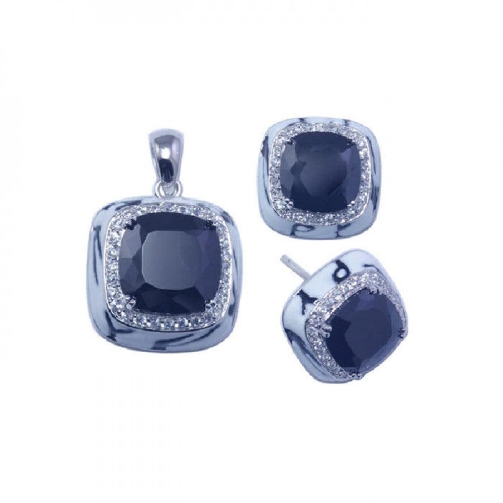 Closeout-Silver 925 Rhodium Plated Square Black CZ Stud Earring and Necklace Set - STS00253