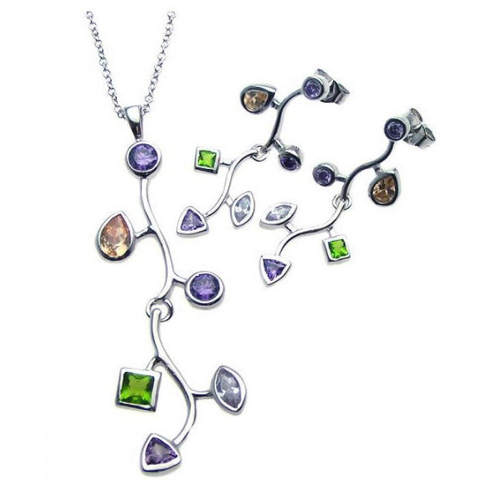 Silver 925 Rhodium Plated Multishape Multicolor Tree Branch Dangling CZ Stud Earring and Necklace Set - STS00254