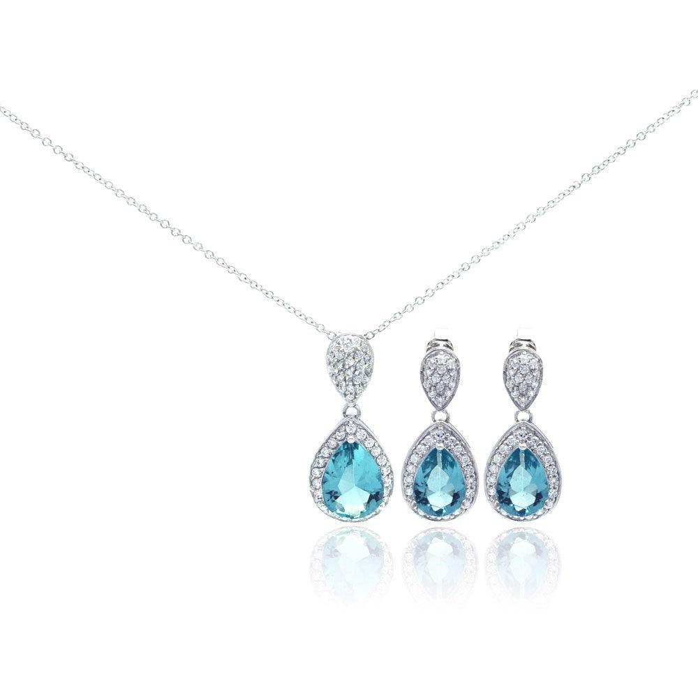 Silver 925 Rhodium Plated Blue CZ Dangling Stud Earring and Necklace Set - STS00257BL