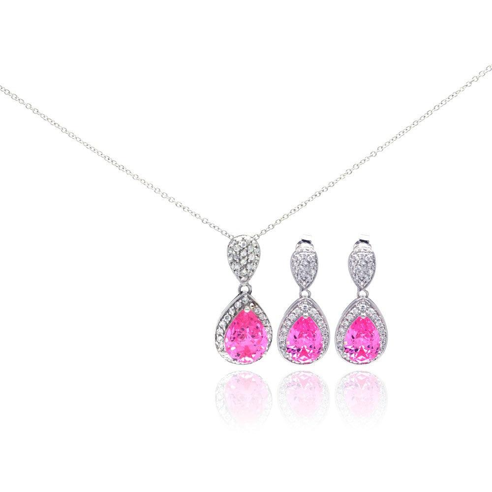 Silver 925 Rhodium Plated Pink Teardrop CZ Dangling Stud Earring and Necklace Set - STS00257-PNK