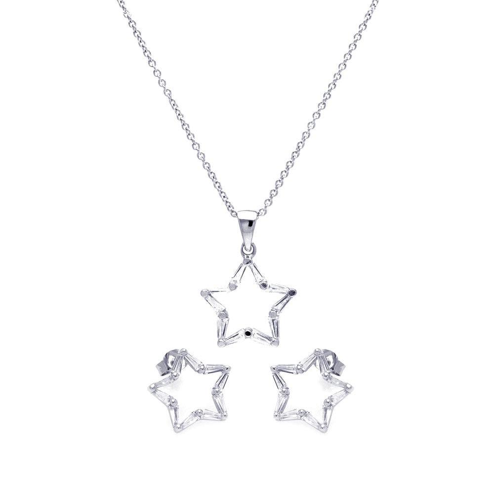 Silver 925 Rhodium Plated Open Star CZ Stud Earring and Necklace Set - STS00266