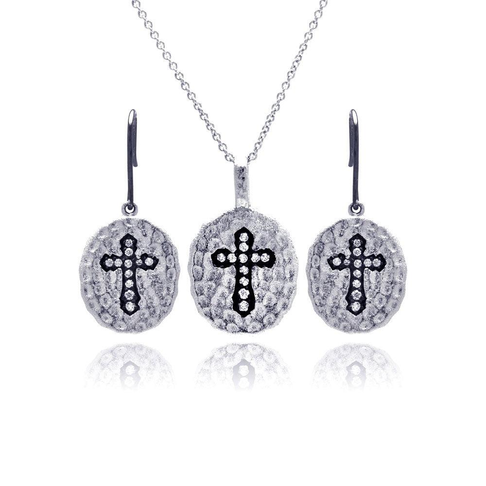 Silver Black and Rhodium Plated Round Black Cross CZ Inlay Dangling Hook Earring and Necklace Set - STS00268