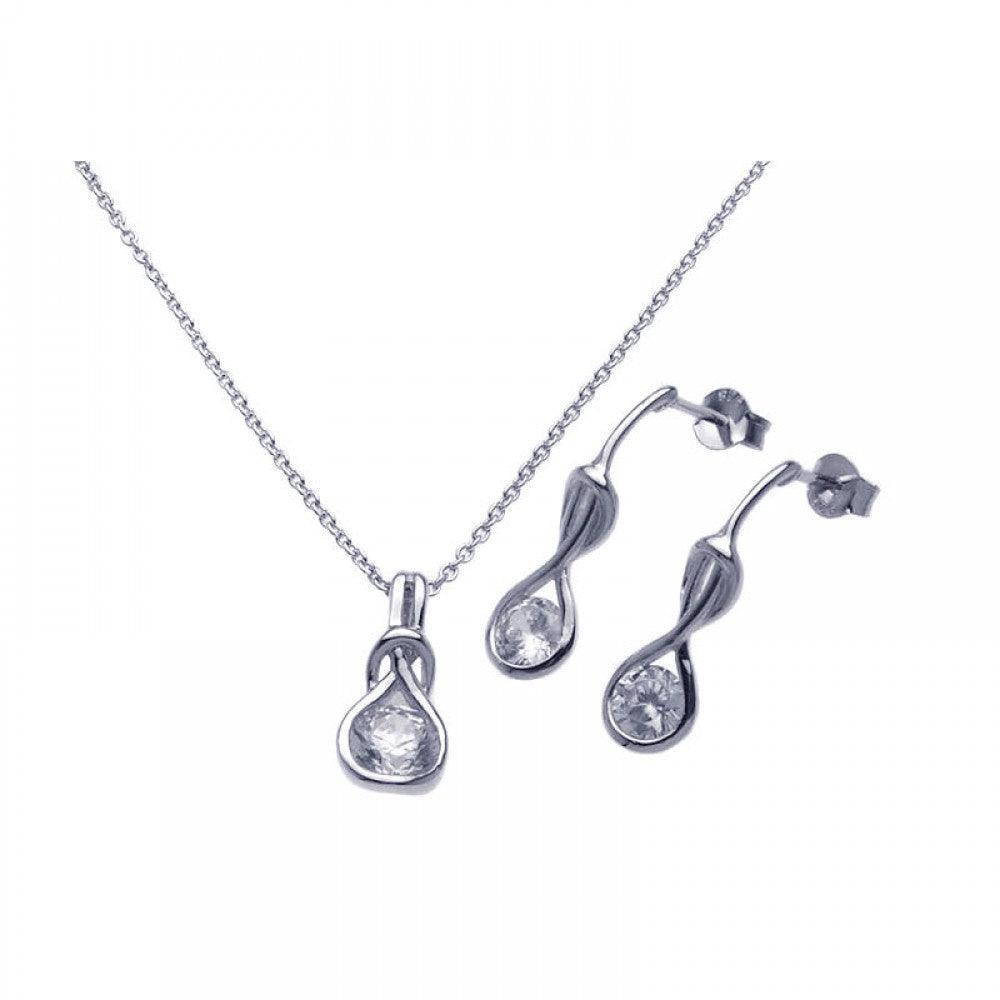 Silver 925 Rhodium Plated Twisted Circle Round Clear CZ Stud Earring and Necklace Set - STS00273