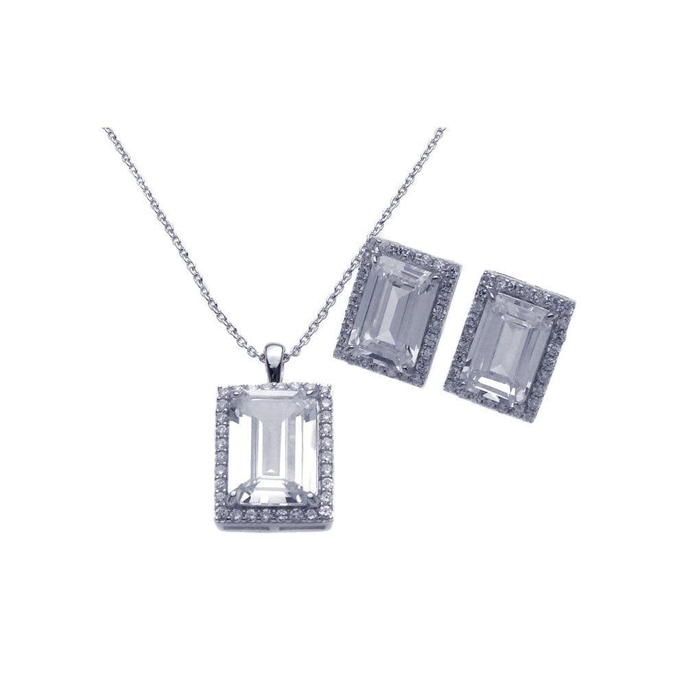 Silver 925 Rhodium Plated Square CZ Stud Earring and Necklace Set - STS00275CLR