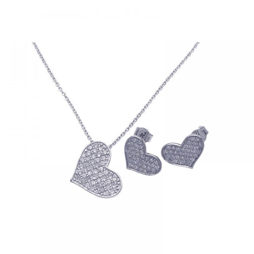 Silver 925 Rhodium Plated Heart CZ Stud Earring and Necklace Set - STS00280