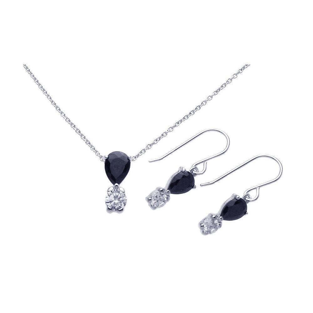 Silver 925 Rhodium Plated Round Teardrop CZ Dangling Hook Earring and Necklace Set - STS00283