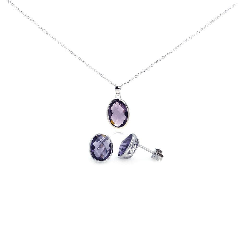 Silver 925 Rhodium Plated Oval Purple CZ Post Earring and Necklace Set - STS00288