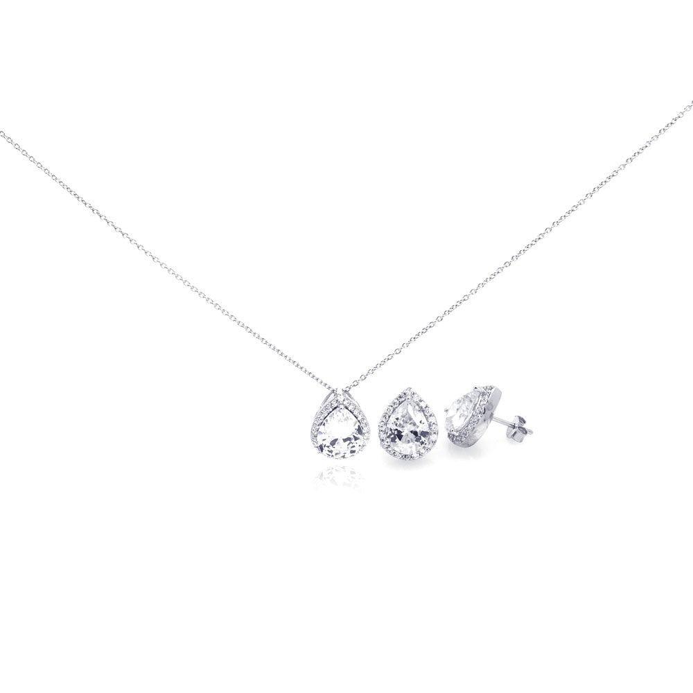 Silver 925 Rhodium Plated Clear Teardrop CZ Stud Earring and Necklace Set - STS00290