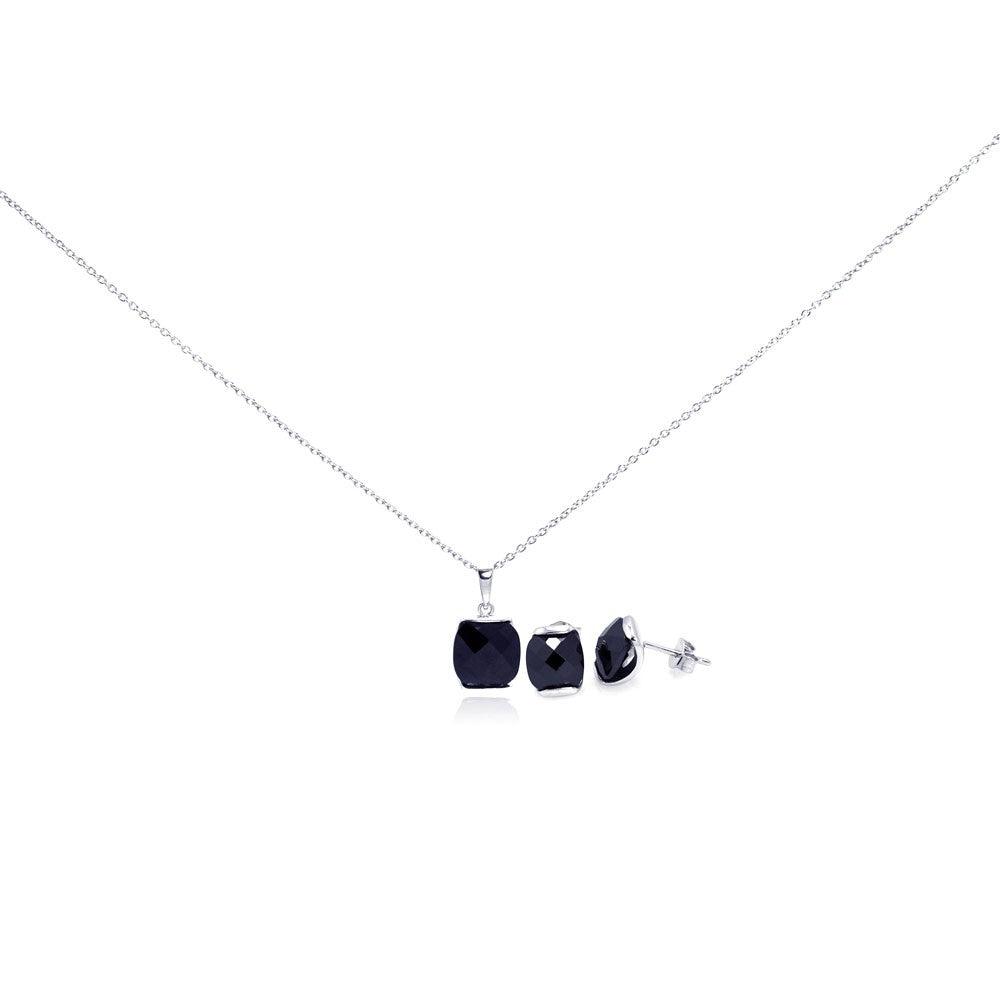 Silver 925 Rhodium Plated Square Black CZ Stud Earring and Necklace Set - STS00291