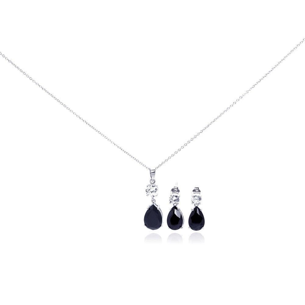 Silver 925 Rhodium Plated Teardrop Black CZ Stud Earring and Necklace Set - STS00293