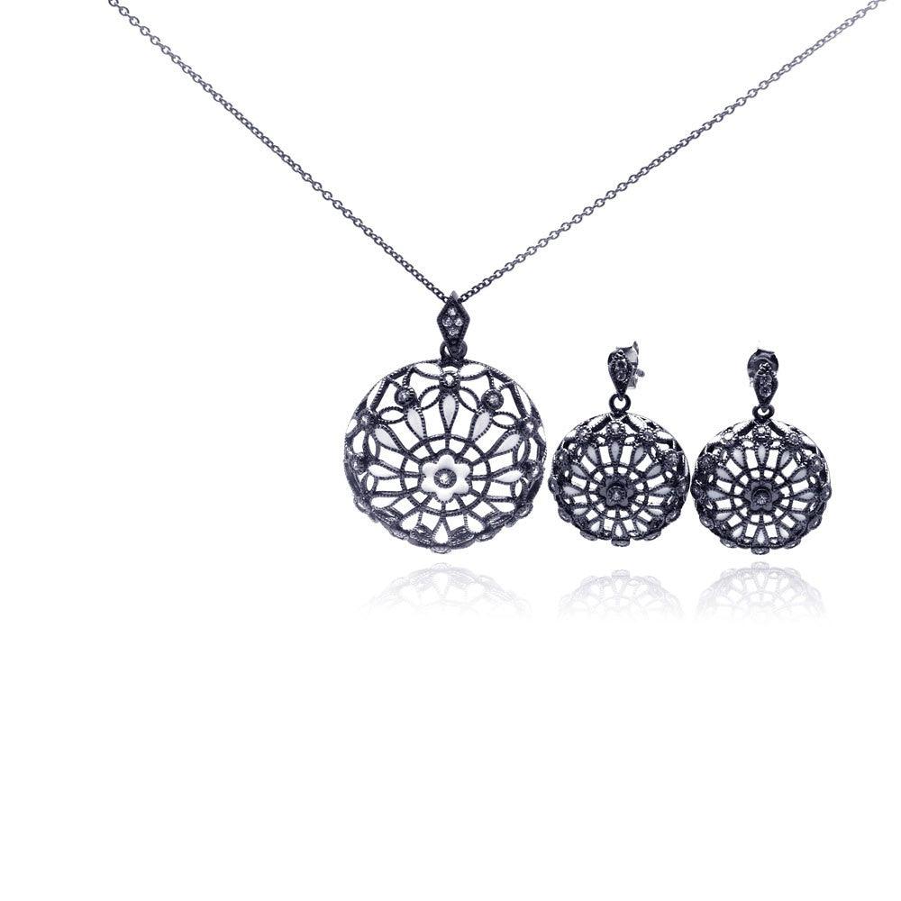 Closeout-Silver 925 Rhodium Plated Flower Round Black CZ Dangling Stud Earring and Necklace Set - STS00294