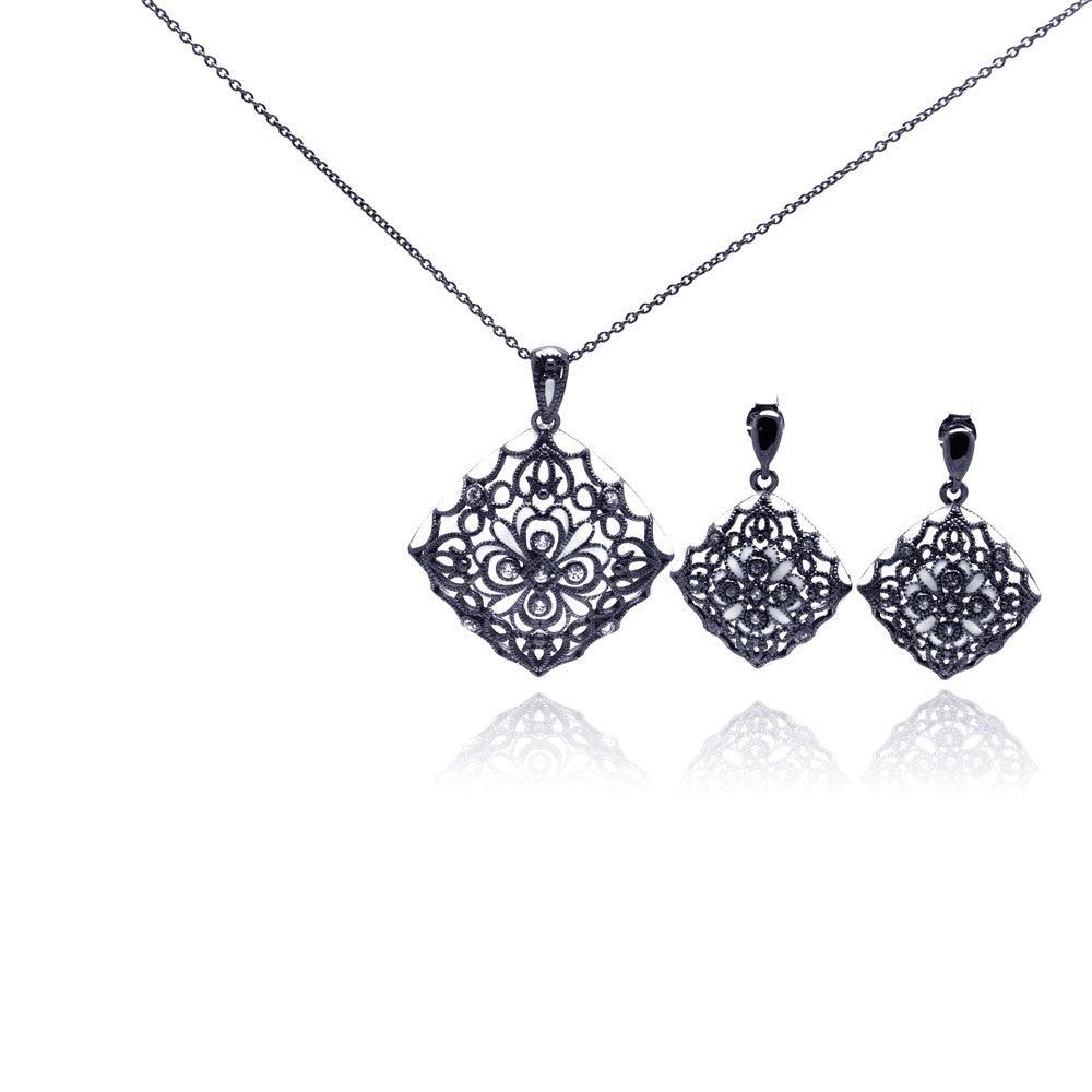 Closeout-Silver 925 Rhodium Plated Flower Black CZ Dangling Earring and Necklace Set - STS00295