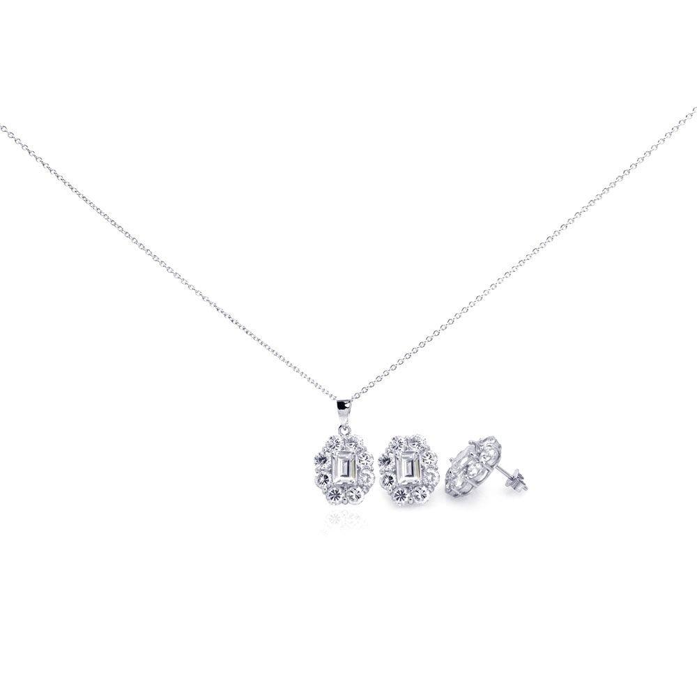 Silver 925 Rhodium Plated Round CZ Stud Earring and Necklace Set - STS00296