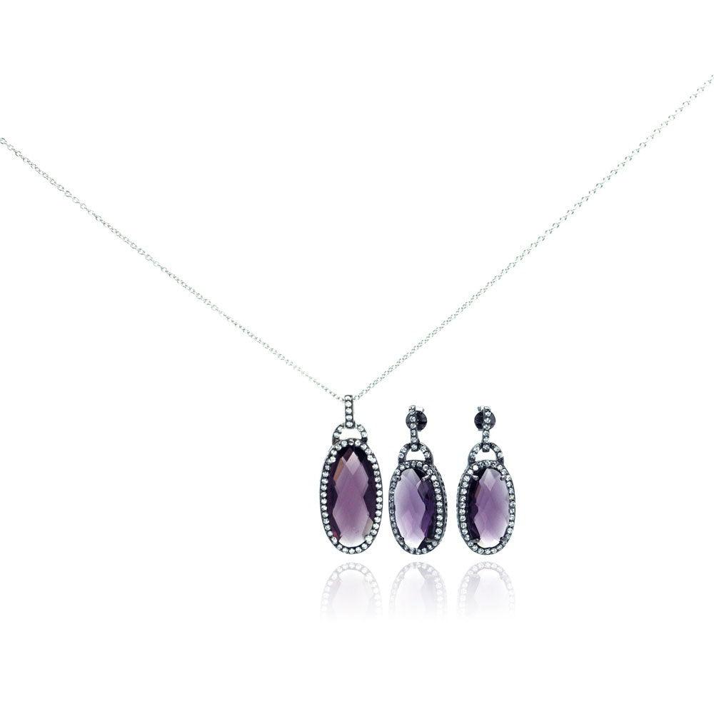 Silver 925 Rhodium Plated Oval Purple Hand Cut CZ Dangling Matching Set - STS00301