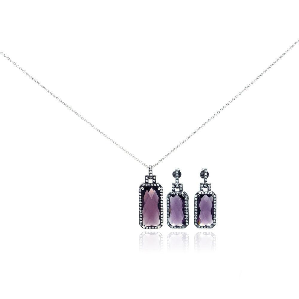 Silver 925 Rhodium Plated Purple Rectangle Hand Cut CZ Dangling Matching Set - STS00302