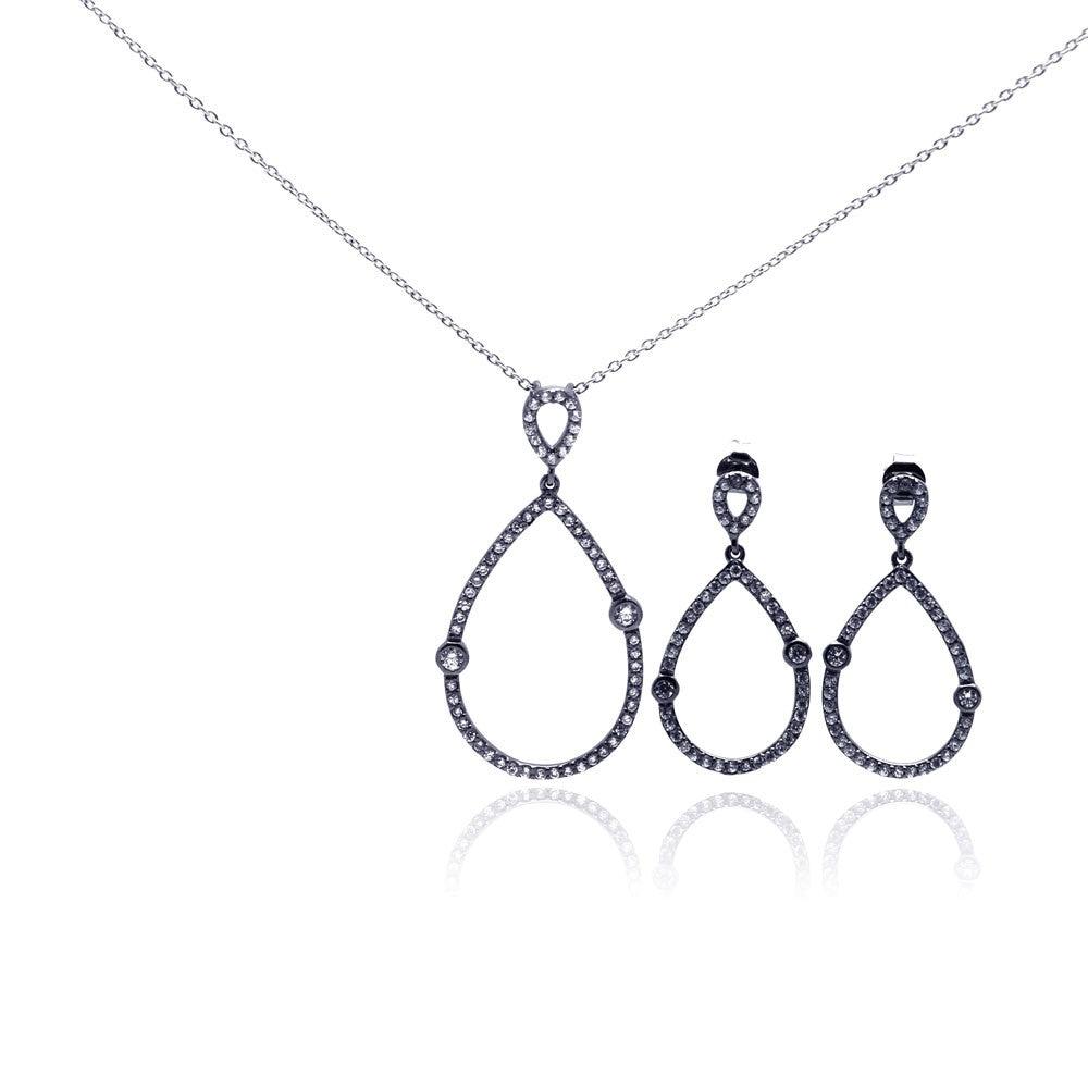 Closeout-Silver 925 Rhodium Plated Open Teardrop CZ Dangling Stud Earring and Necklace Set - STS00303