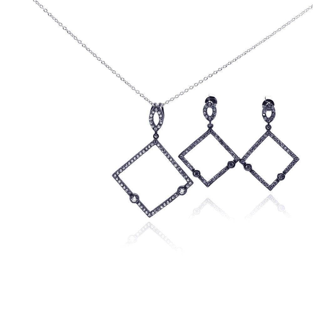 Closeout-Silver 925 Rhodium Plated Open Square Black CZ Dangling Earring and Necklace Set - STS00304