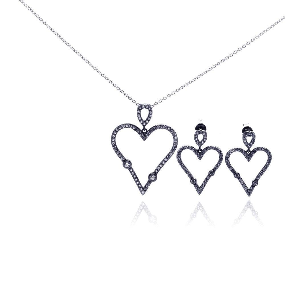 Closeout-Silver 925 Rhodium Plated Open Heart CZ Dangling Stud Earring and Necklace Set - STS00305