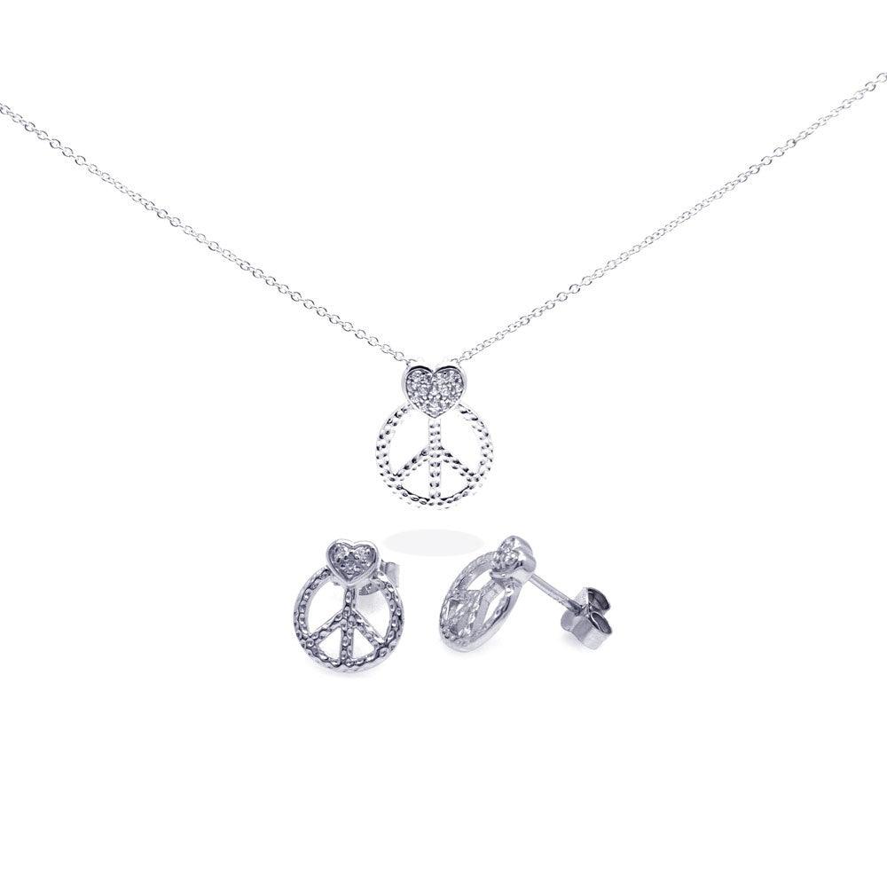 Silver 925 Rhodium Plated Open Peace Sign CZ Stud Earring and Necklace Set - STS00306