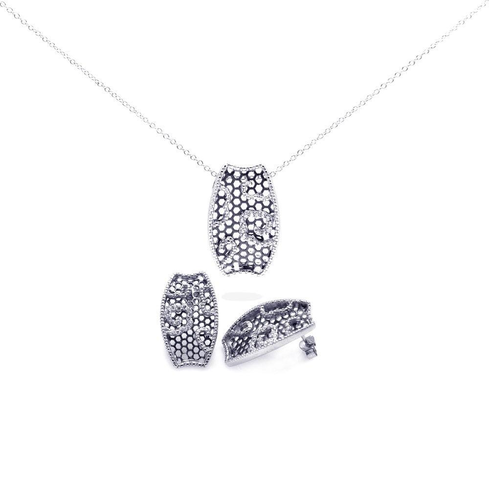 Closeout-Silver 925 Rhodium Plated Mesh Flower CZ Stud Earring and Necklace Set - STS00307