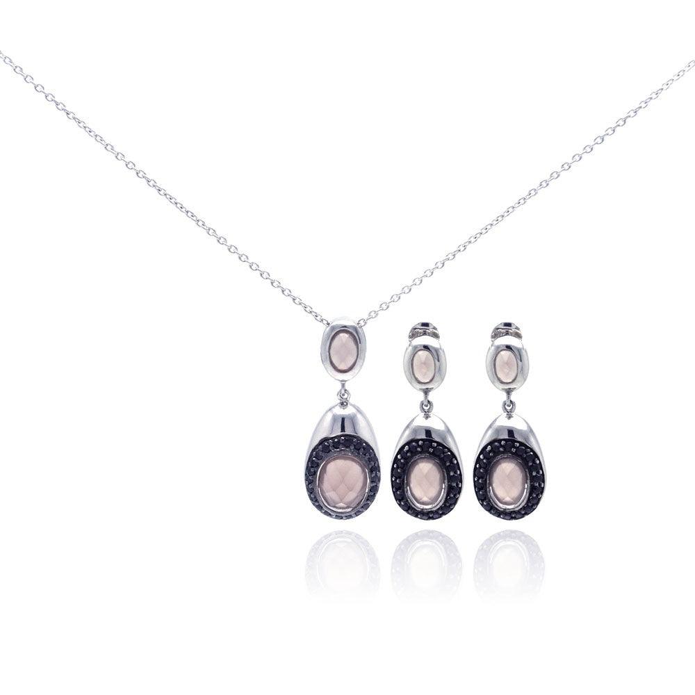 Closeout-Silver 925 Rhodium Plated Teardrop Black CZ Dangling Stud Earring and Necklace Set - STS00312