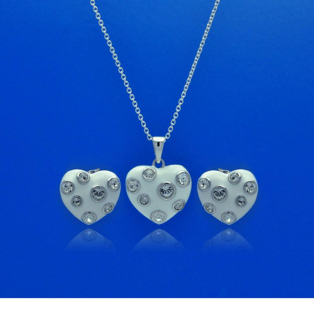 Closeout-Silver 925 Rhodium Plated Heart White Enamel Clear CZ Stud Earring and Necklace Set - STS00315