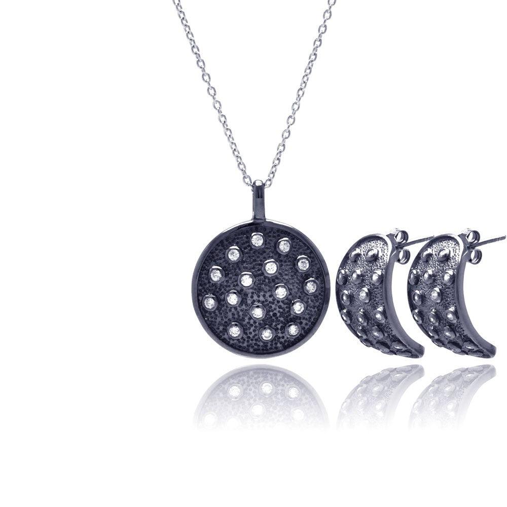 Closeout-Silver 925 Black Rhodium Plated Circle CZ Stud Earring and Necklace Set - STS00341