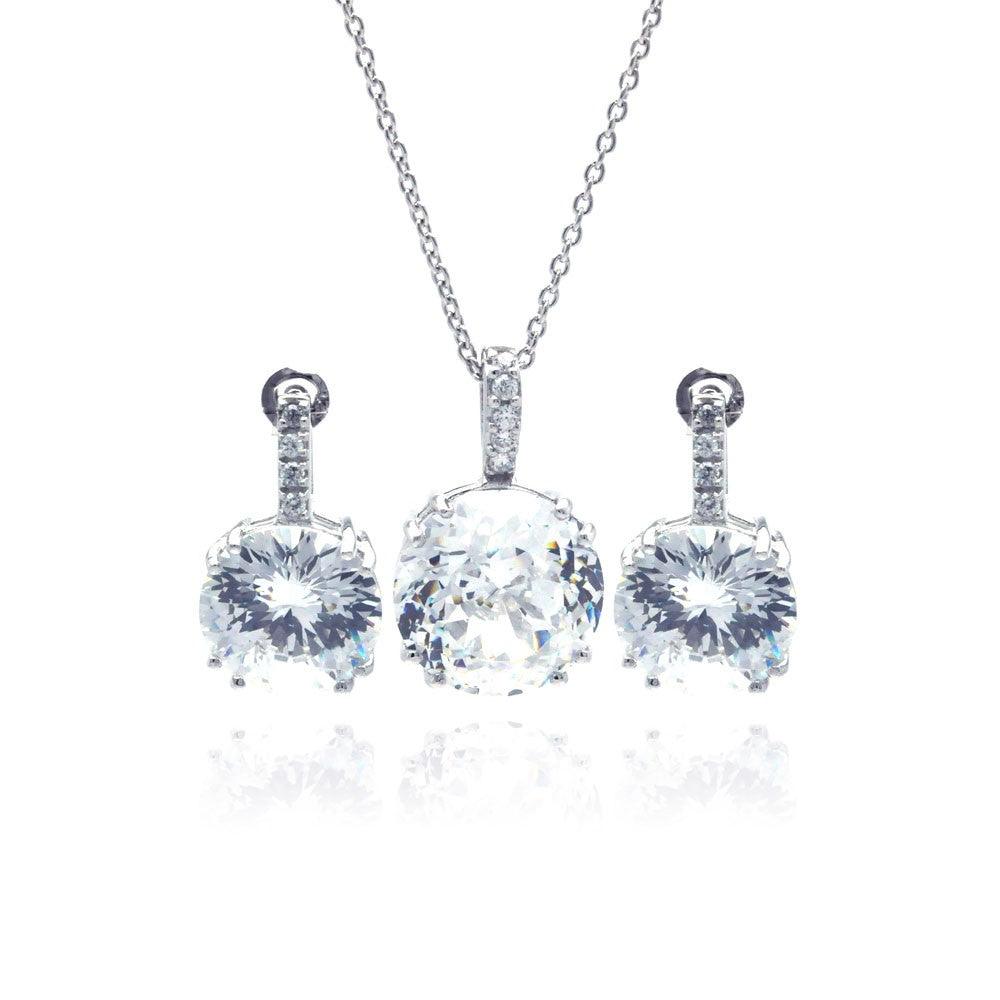 Silver 925 Rhodium Plated Circle CZ Stud Earring and Necklace Set - STS00342