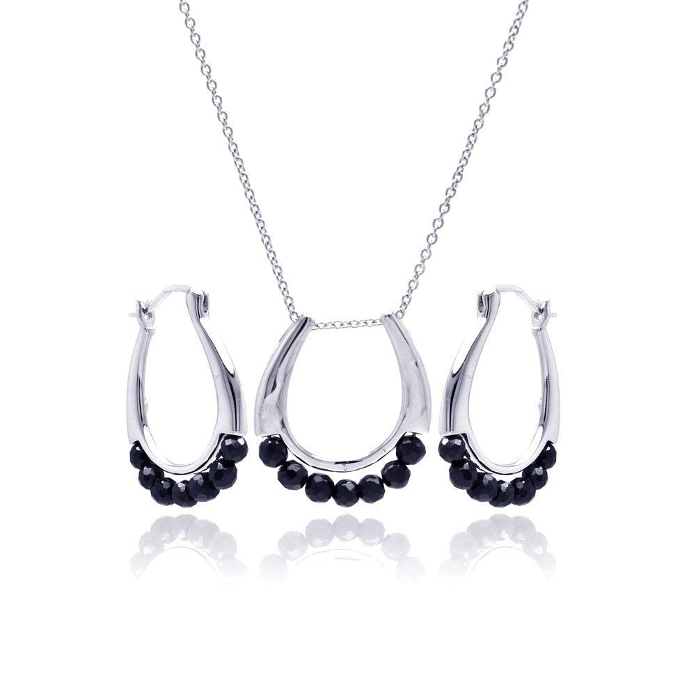 Closeout-Silver 925 Rhodium Plated Open Round Black Ball CZ Hoop Set - STS00345