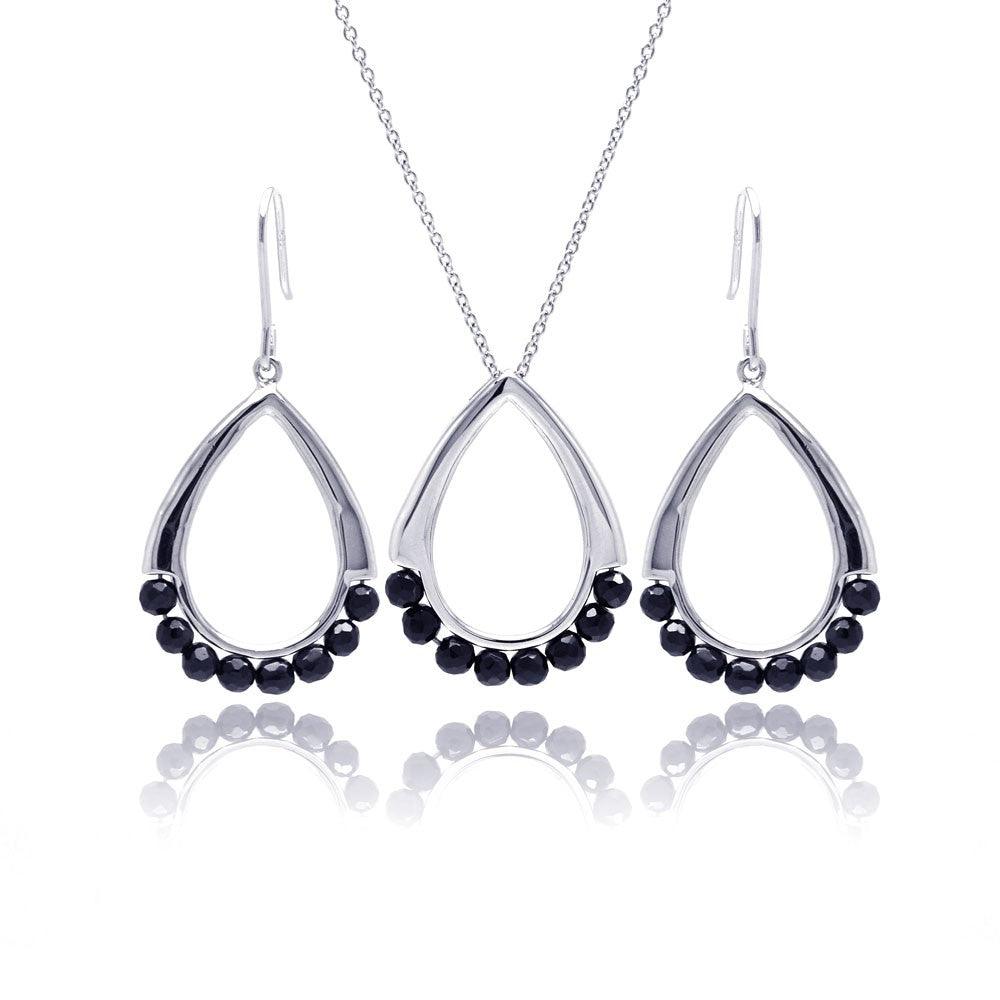 Closeout-Silver 925 Rhodium Plated Open Teardrop Black Ball CZ Dangling Hook Earring and Necklace Set - STS00346