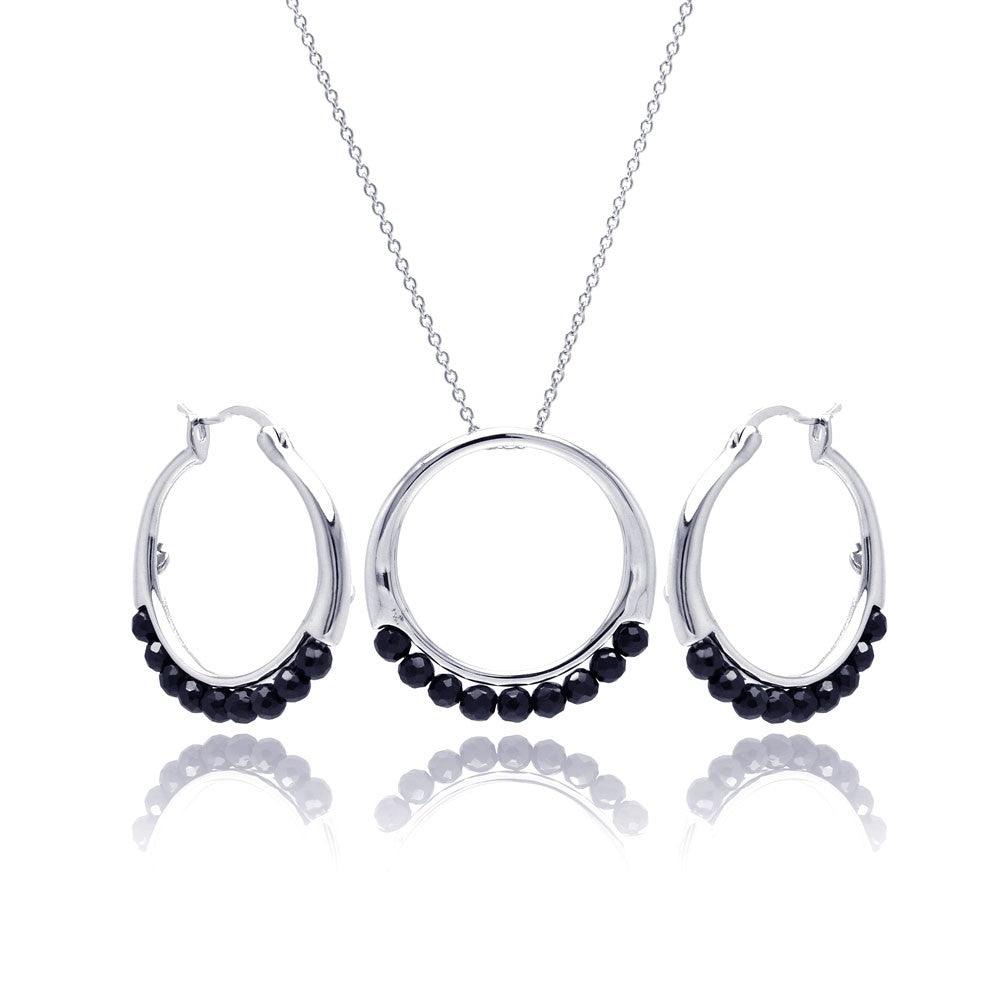 Closeout-Silver 925 Rhodium Plated Round Black Ball CZ Hoop Set - STS00347