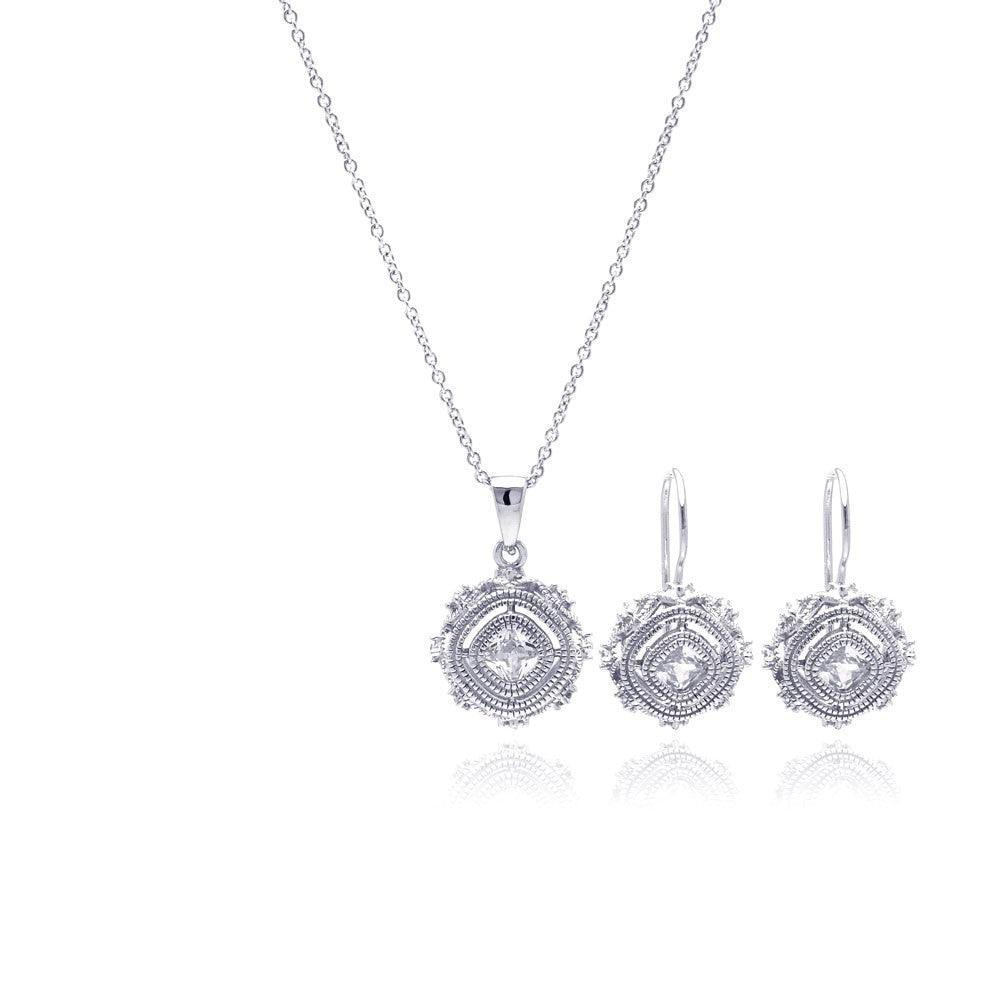 Silver 925 Rhodium Plated Antique Style Princess Cut CZ Hook Earring and Necklace Set - STS00348