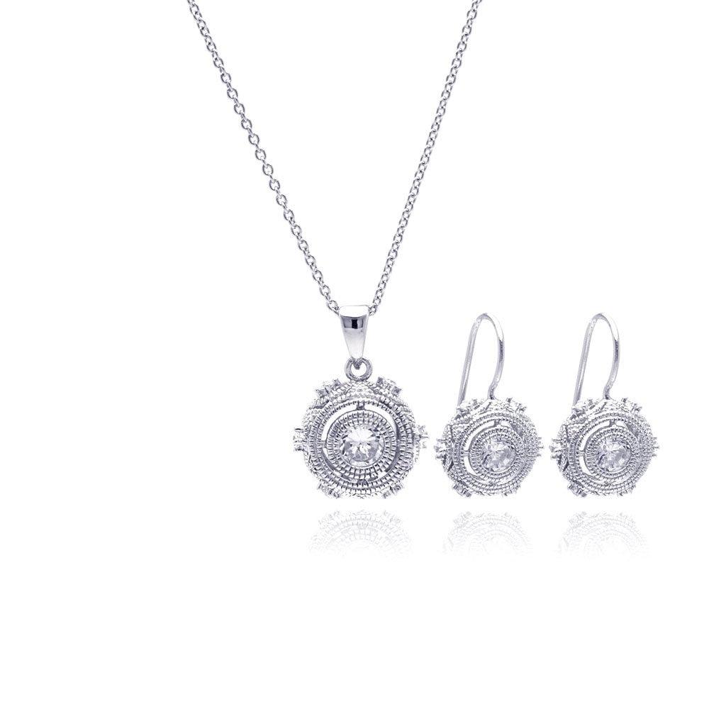 Silver Rhodium 925 Plated Antique Style Round CZ Hook Earring and Necklace Set - STS00349