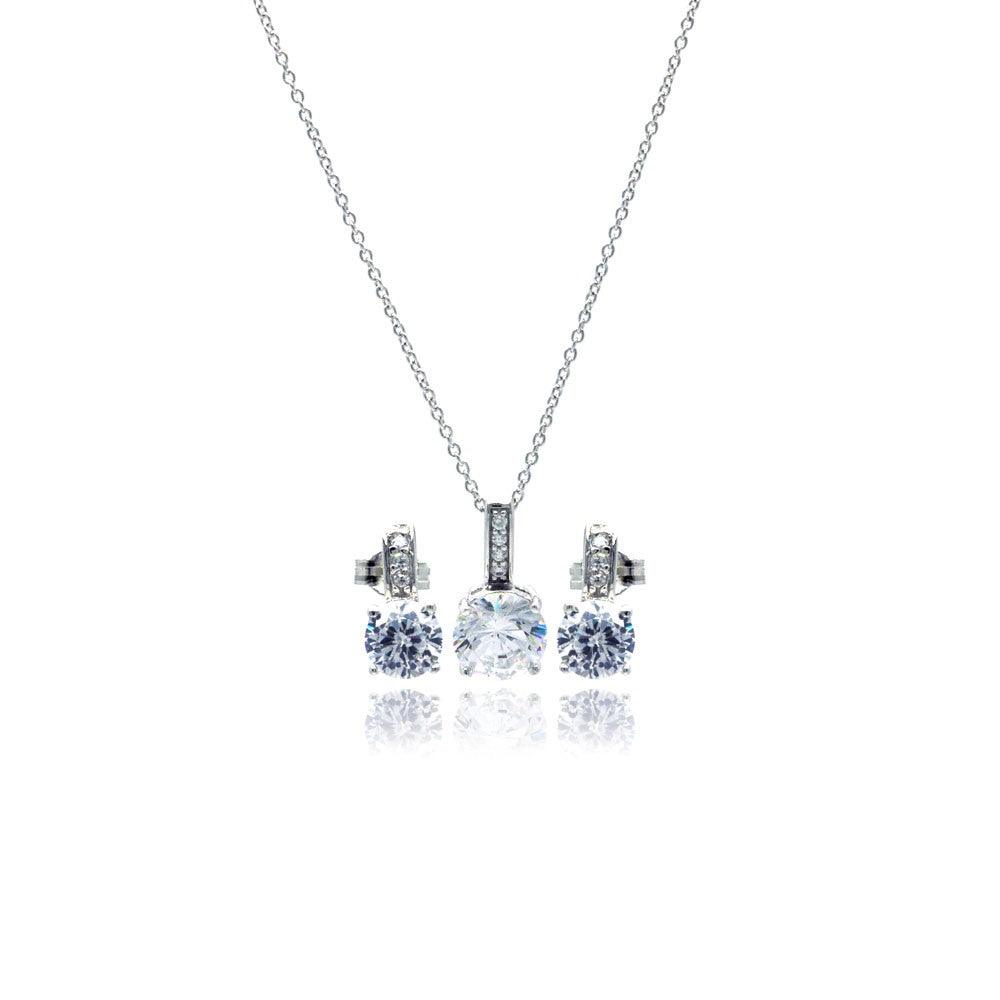 Silver 925 Rhodium Plated Round CZ Stud Earring and Necklace Set - STS00351