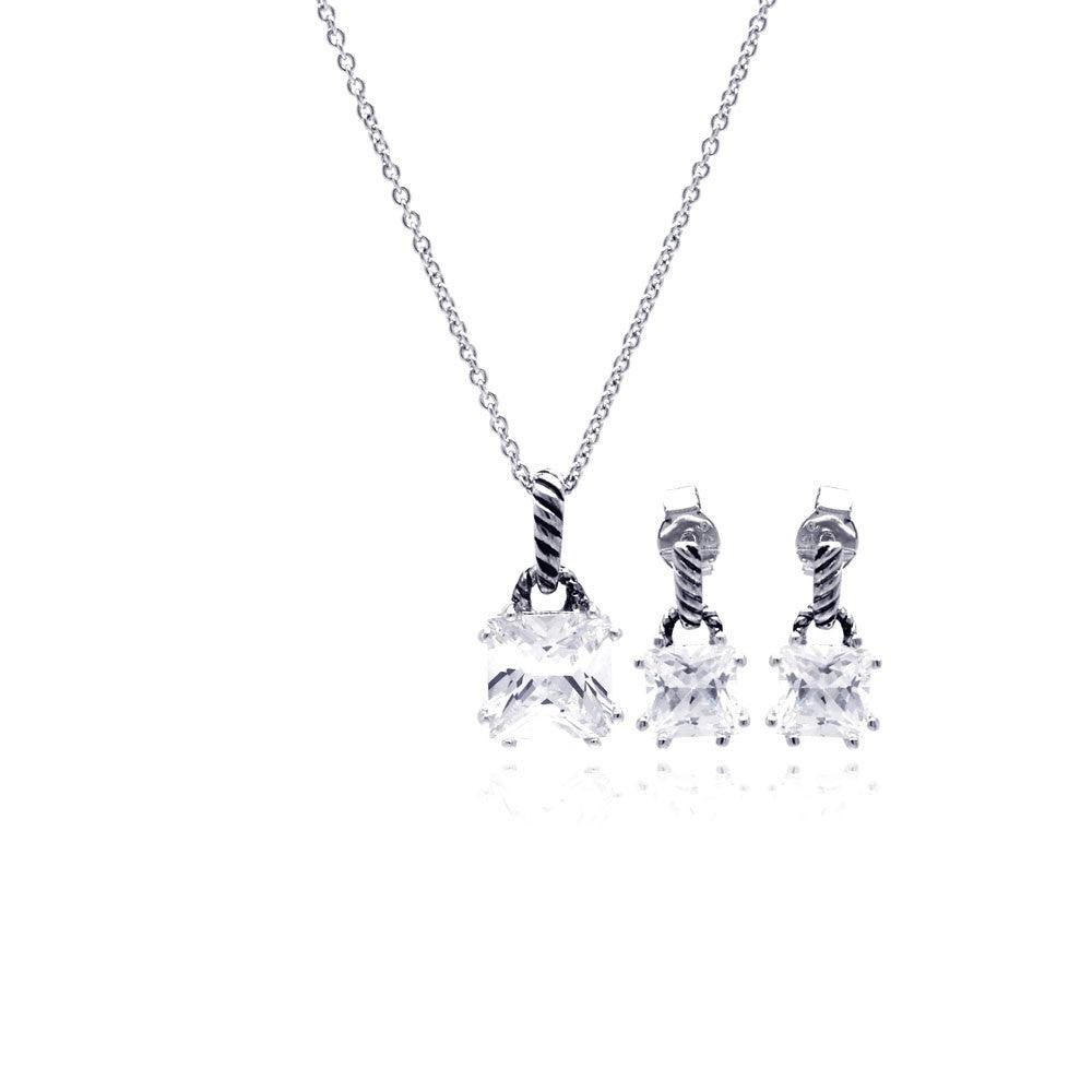 Silver 925 Rhodium Plated Princess Cut CZ Dangling Stud Earring and Necklace Set - STS00352