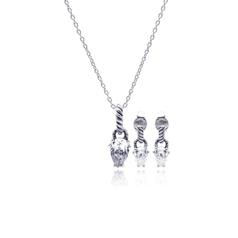 Silver 925 Rhodium Plated Teardrop CZ Dangling Stud Earring and Necklace Set - STS00353