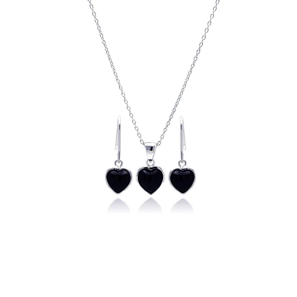 Silver 925 Rhodium Plated Black Onyx Heart CZ Dangling Hook Earring and Necklace Set - STS00355
