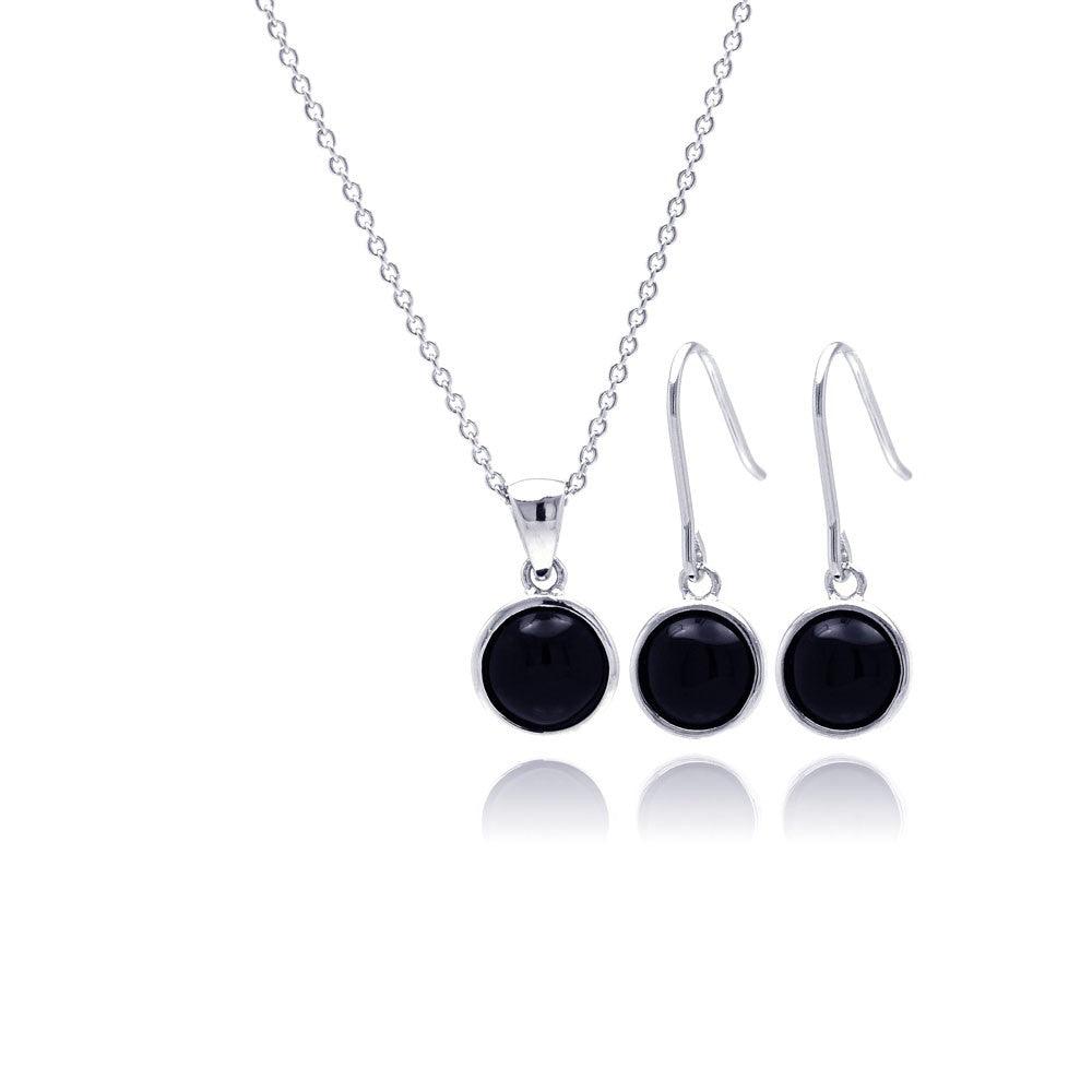 Silver 925 Rhodium Plated Round Black Onyx CZ Dangling Hook Earring and Necklace Set - STS00356