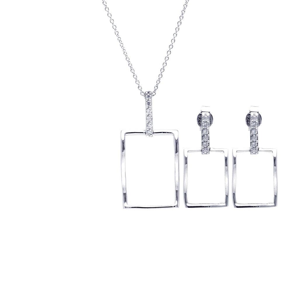 Silver 925 Rhodium Plated Open Square CZ Dangling Stud Earring and Necklace Set - STS00357