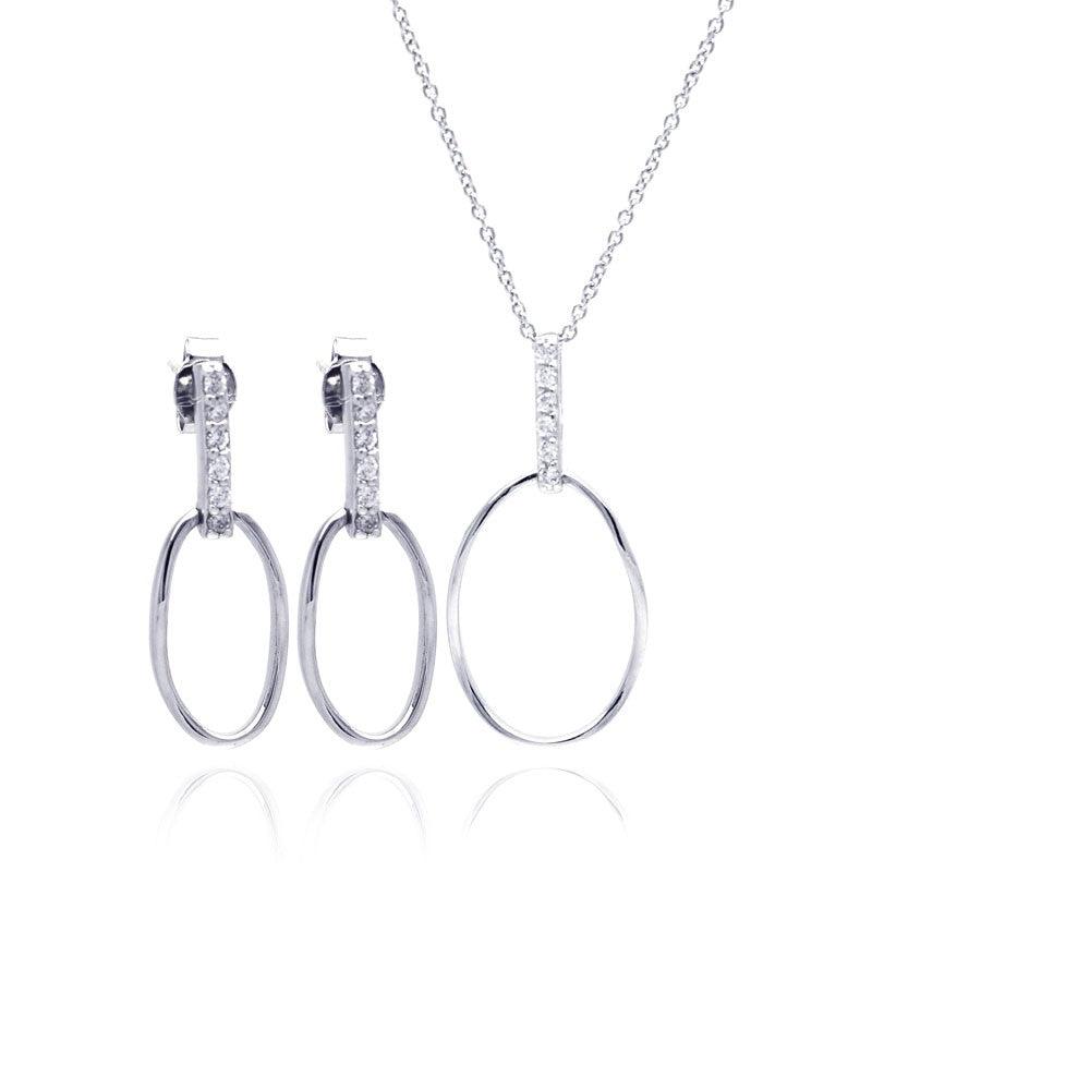 Silver 925 Rhodium Plated Open Oval CZ Dangling Stud Earring and Necklace Set - STS00358