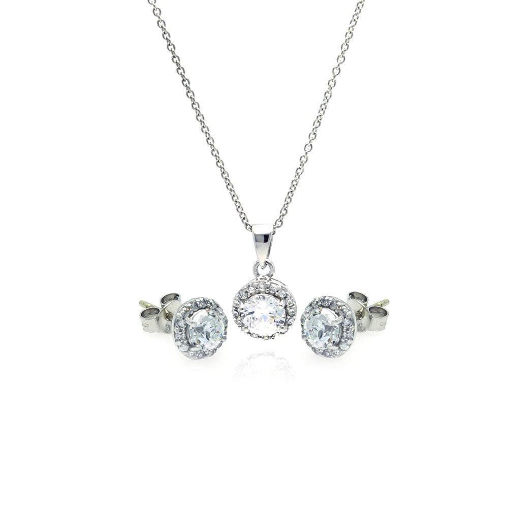 Silver 925 Rhodium Plated Round CZ Stud Earring and Necklace Set - STS00359