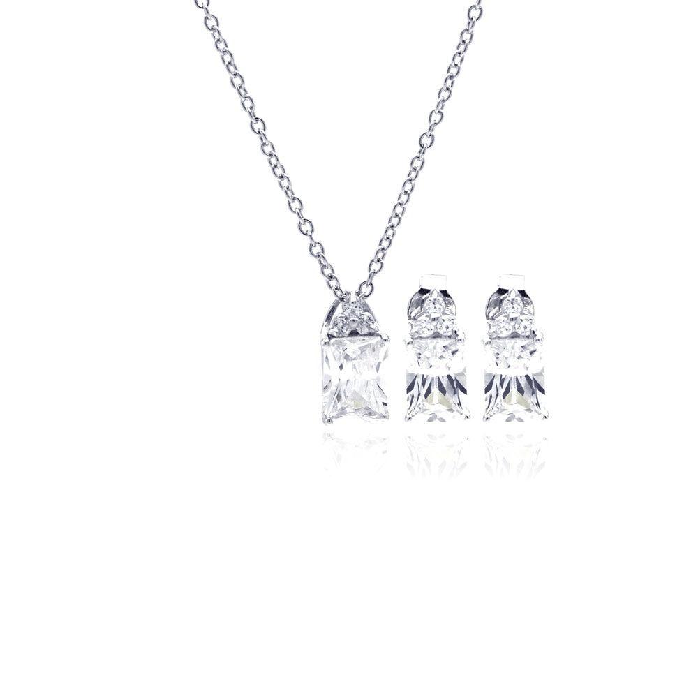 Silver 925 Rhodium Plated Princess Cut CZ Stud Earring and Necklace Set - STS00360