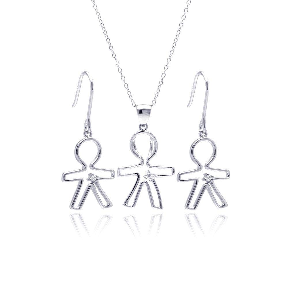 Silver 925 Rhodium Plated Open Boy CZ Dangling Hook Earring and Necklace Set - STS00361